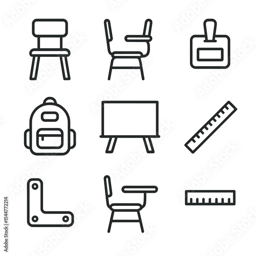 School Icon Set. Outline icon set of school wooden chair: flat seat, straight back slats, four legs, metal bracket, desk attached,