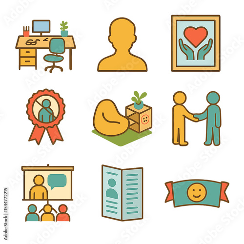 School Mental Health Icons. Isometric Flat icon set of school mental health resources: school counselor desk, student silhouette,