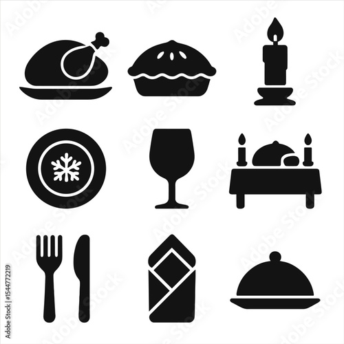Holiday Feast Icons. Solid, filled icons set of traditional holiday foods and table settings: roast turkey, pie icon, holiday plate, 