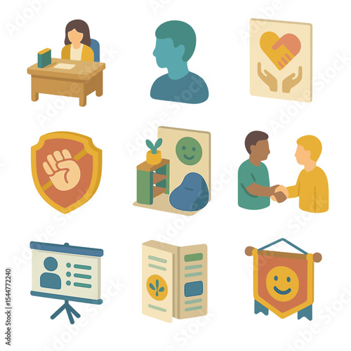 School Mental Health Icons. Isometric Flat icon set of school mental health resources: school counselor desk, student silhouette,