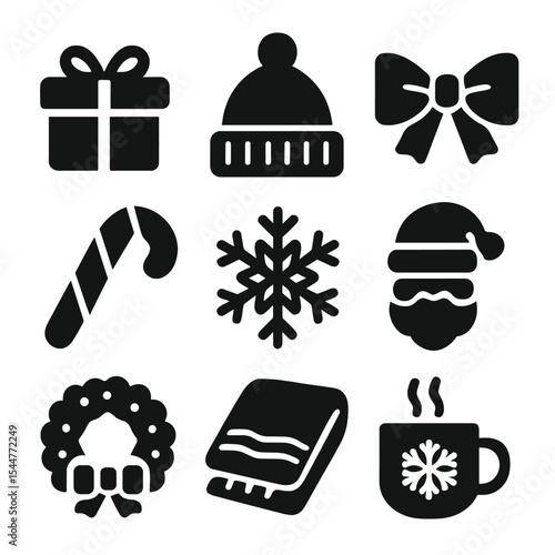 Holiday Icon Set. Solid, filled icons set of cheerful holiday gathering: gift icon, winter hat, bow icon,