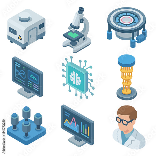 Isometric Science Icons. Isometric Flat icon set of advanced research and development: lab module, analyzer microscope, particle