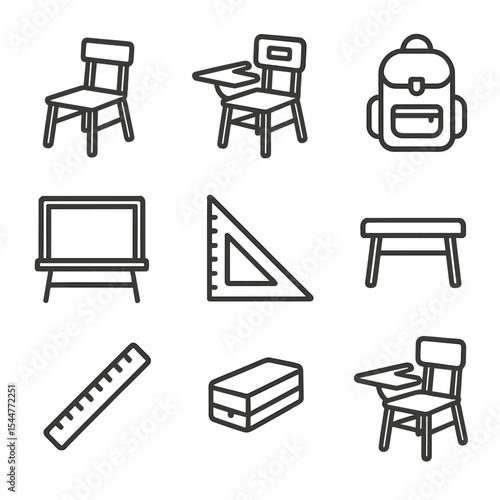 School Icon Set. Outline icon set of school wooden chair: flat seat, straight back slats, four legs, metal bracket, desk attached,