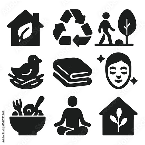Holistic Lifestyle Icons. Solid, filled icons set of holistic lifestyle choices: eco home, sustainable icon,