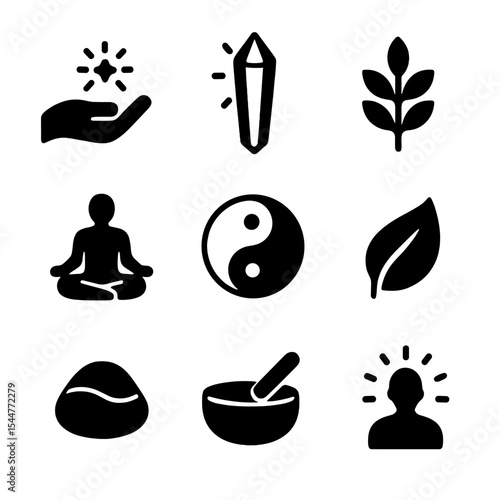 Holistic Healing Icons. Solid, filled icons set of holistic healing: healing hand, crystal wand, natural herb,