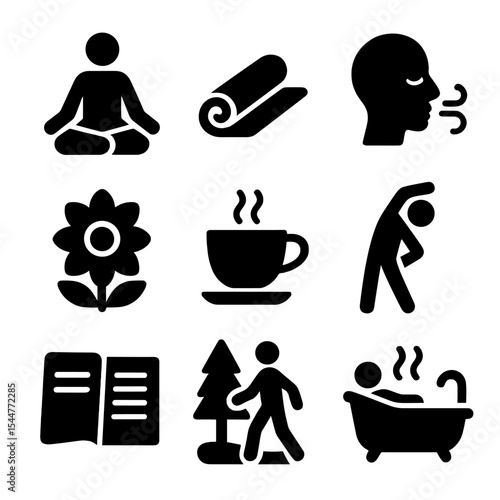 Holistic Stress Icons. Solid, filled icons set of holistic stress reduction: meditation icon, yoga mat, breath