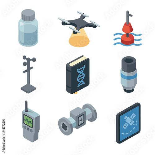 Scientific Monitoring Icons. Isometric Flat icon set of scientific monitoring tools: water sample bottle, drone survey, sensor