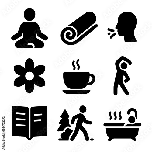 Holistic Stress Icons. Solid, filled icons set of holistic stress reduction: meditation icon, yoga mat, breath