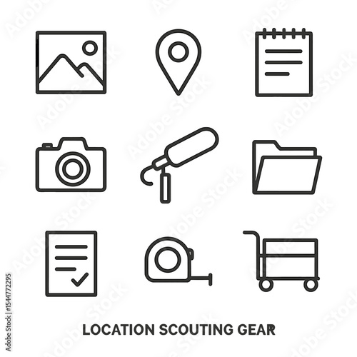 Scouting Gear Icons. Outline icon set of location scouting gear: location photo, map pin, notepad, camera, boom mic, folder,