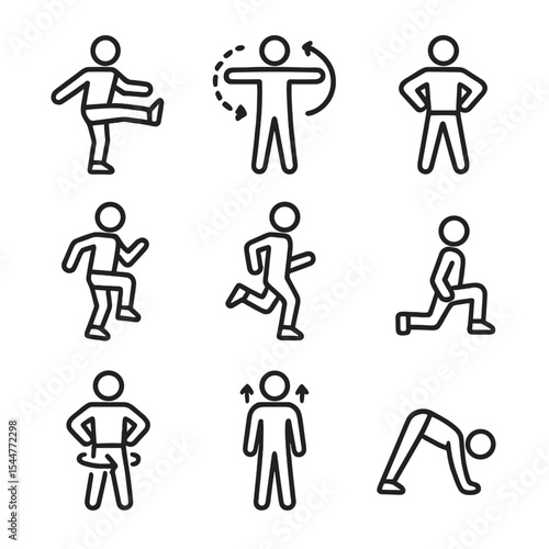 Dynamic Stretching Icon Set. Outline icon set of dynamic stretching exercises: leg swings, arm circles, torso twists, high knees,
