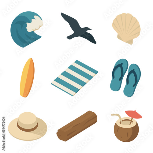 Ocean Yoga Icon Set. Isometric Flat icon set of ocean vista yoga practice: crashing wave, seagull silhouette, seashell, surfboard,