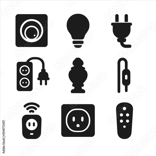 Home Lighting Accessories. Solid, filled icons set of home lighting accessories: dimmer switch, light bulb,