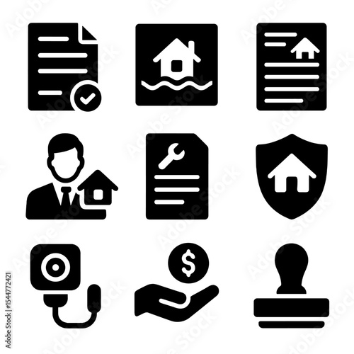 Home Insurance Icons. Solid, filled icons set of home insurance and water damage claims: policy document,
