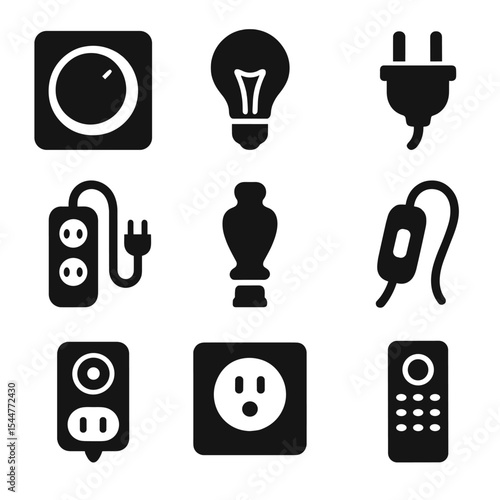Home Lighting Accessories. Solid, filled icons set of home lighting accessories: dimmer switch, light bulb,