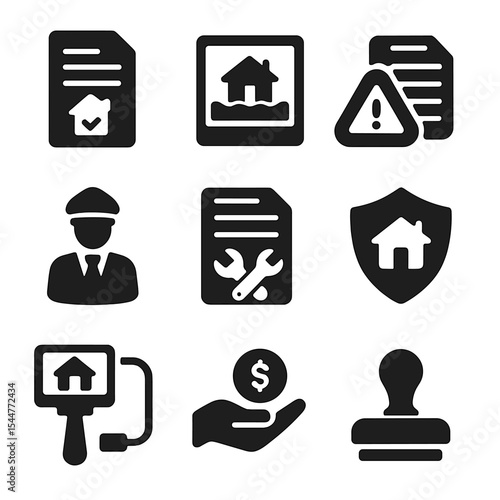 Home Insurance Icons. Solid, filled icons set of home insurance and water damage claims: policy document,
