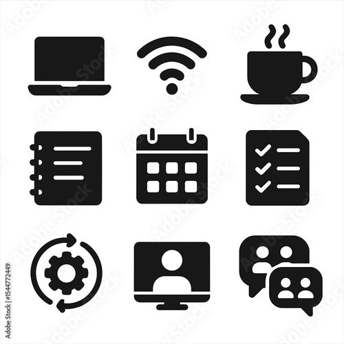 Home Office Icons. Solid, filled icons set of home office workflow: laptop, wifi, coffee cup, note pad,