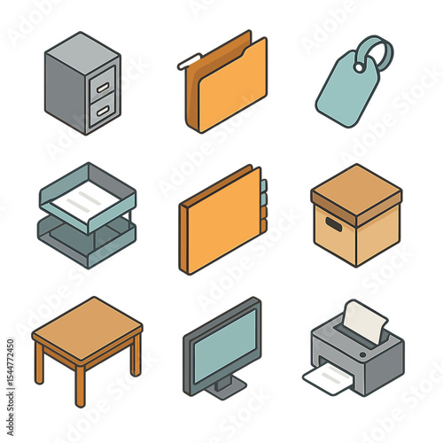 Office Icon Collection. Isometric Flat icon set of office filing system hierarchy: filing cabinet, hanging folder, label tag,