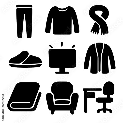 Home Office Comfort Icons. Solid, filled icons set of home office fashion: stretchy pant, comfy top, soft