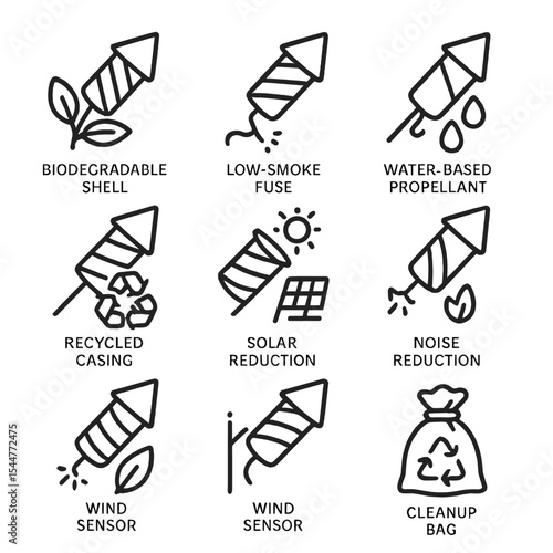 Eco-Friendly Fireworks Icons. Outline icon set of eco-friendly fireworks: biodegradable shell, low-smoke fuse, water-based
