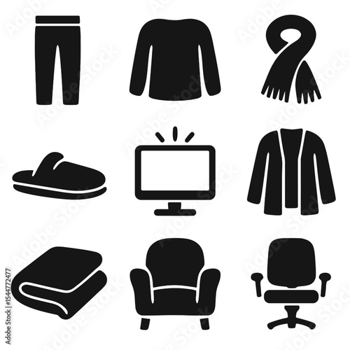 Home Office Comfort Icons. Solid, filled icons set of home office fashion: stretchy pant, comfy top, soft