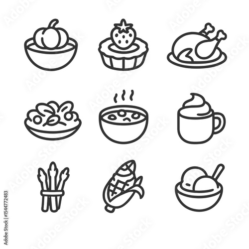 Seasonal Menu Icons. Outline icon set of seasonal specials menu: pumpkin soup, strawberry tart, Christmas turkey, summer berry