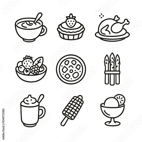 Seasonal Menu Icons. Outline icon set of seasonal specials menu: pumpkin soup, strawberry tart, Christmas turkey, summer berry