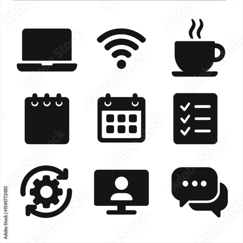 Home Office Icons. Solid, filled icons set of home office workflow: laptop, wifi, coffee cup, note pad,