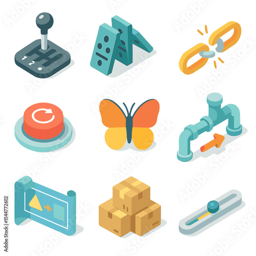Organizational Change Icons. Isometric Flat icon set of organizational change: gear shift, domino effect, broken chain, reboot