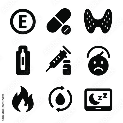 Hormonal Health Icons. Solid, filled icons set of hormonal health: estrogen symbol, hormone pill, thyroid