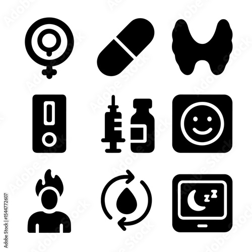 Hormonal Health Icons. Solid, filled icons set of hormonal health: estrogen symbol, hormone pill, thyroid