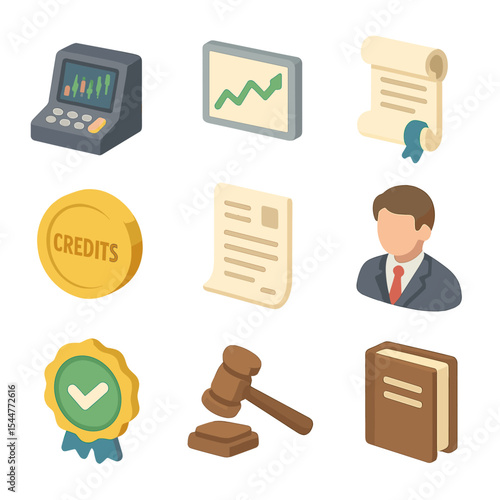 Economics Icon Set. Isometric Flat icon set of economics and trade: market terminal, price chart, contract scroll, credits coin,