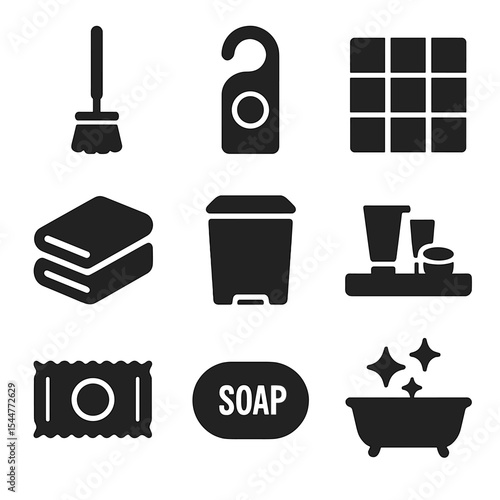 Hotel Bathroom Icon Set. Solid, filled icons set of hotel bathroom setups: uniform brush, logo holder, white