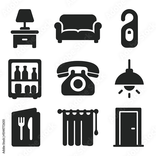 Hotel Furnishings Icons. Solid, filled icons set of hotel suite furnishings: side table with lamp, lounge sofa