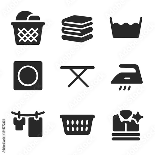 Household Laundry Icons. Solid, filled icons set of household laundry tasks: hamper icon, folding icon, wash symbol, dry cycle, ironing board, steam iron, clothesline, laundry basket, clean clothes.