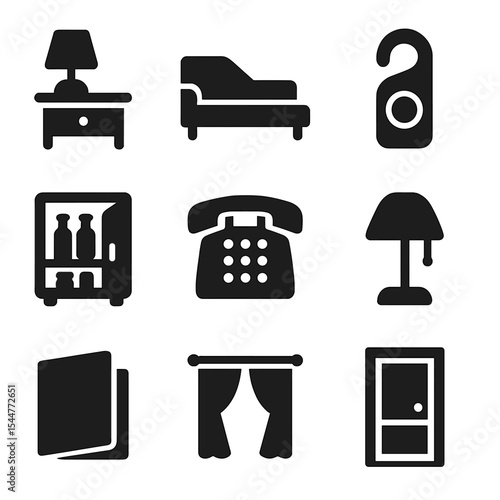 Hotel Furnishings Icons. Solid, filled icons set of hotel suite furnishings: side table with lamp, lounge sofa