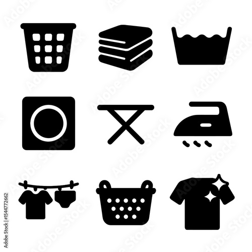 Household Laundry Icons. Solid, filled icons set of household laundry tasks: hamper icon, folding icon, wash symbol, dry cycle, ironing board, steam iron, clothesline, laundry basket, clean clothes.