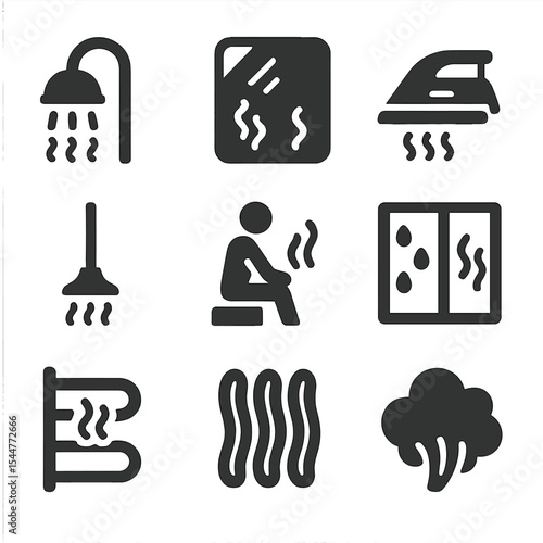 Household Steam Icons. Solid, filled icons set of household steam generation: shower steam, bathroom mirror