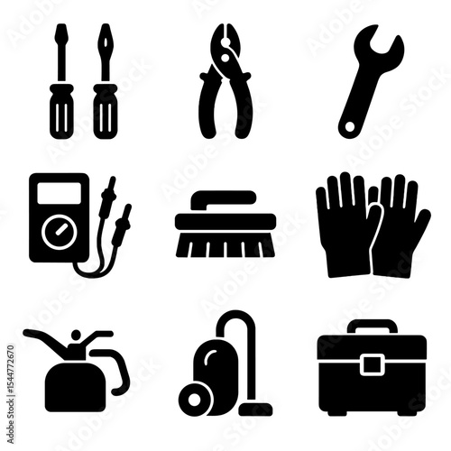 Household Tools Icons. Solid, filled icons set of household appliance maintenance: screwdrivers, pliers, wrench, multimeter, cleaning brush, gloves, oil can, vacuum cleaner, toolkit.