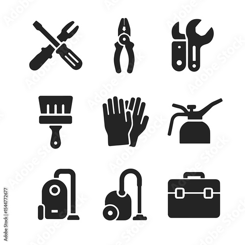 Household Tools Icons. Solid, filled icons set of household appliance maintenance: screwdrivers, pliers, wrench, multimeter, cleaning brush, gloves, oil can, vacuum cleaner, toolkit.