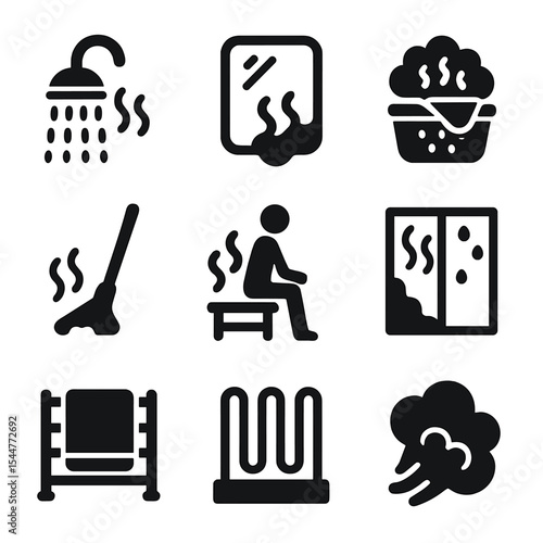 Household Steam Icons. Solid, filled icons set of household steam generation: shower steam, bathroom mirror