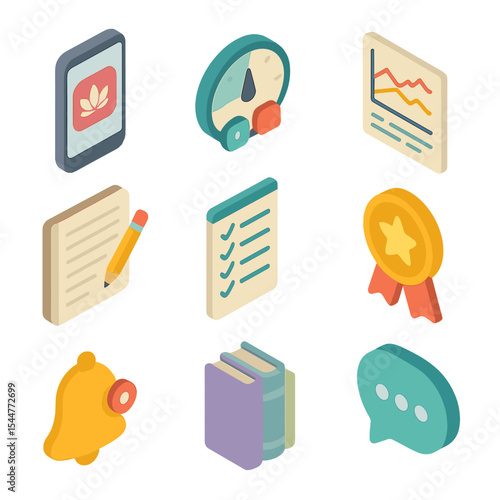 Self-Help App Icons. Isometric Flat icon set of self-help apps: smartphone with app icon, meditation timer, mood tracker chart,