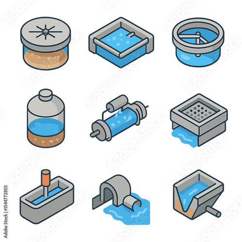 Sewage Treatment Icons. Isometric Flat icon set of sewage treatment stages: primary sedimentation tank, aeration basin, secondary