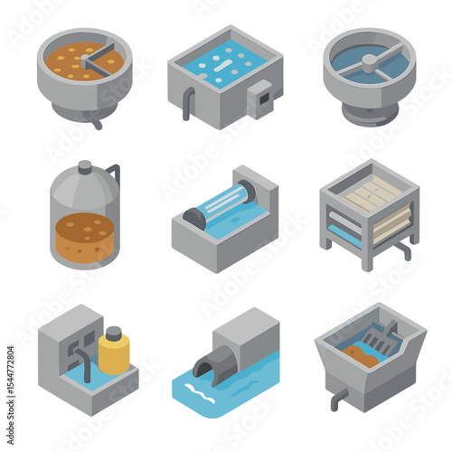 Sewage Treatment Icons. Isometric Flat icon set of sewage treatment stages: primary sedimentation tank, aeration basin, secondary