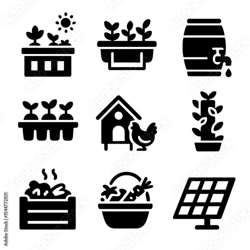 Hyperlocal Food Icons. Solid, filled icons set of hyperlocal food systems: rooftop garden, balcony planter,