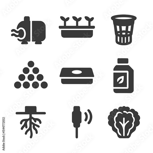 Hydroponic Gardening Icons. Solid, filled icons set of hydroponic gardening: water pump, grow channel, net pot