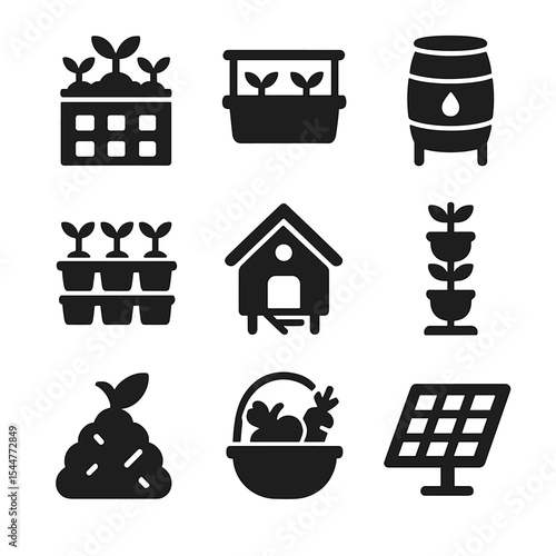 Hyperlocal Food Icons. Solid, filled icons set of hyperlocal food systems: rooftop garden, balcony planter,