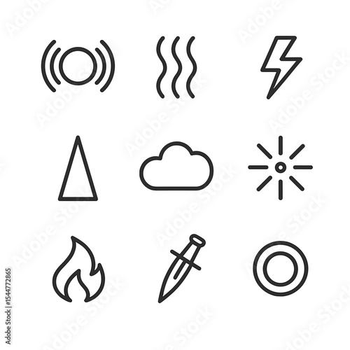 Pain Icon Set. Outline icon set of pain symptom indicators: throbbing pulse, heat wave, lightning bolt, sharp spike, dull cloud,