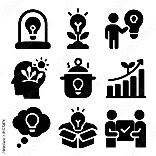 Idea Incubation Icons. Solid, filled icons set of idea incubation: innovation dome, early-stage bulb, mentor