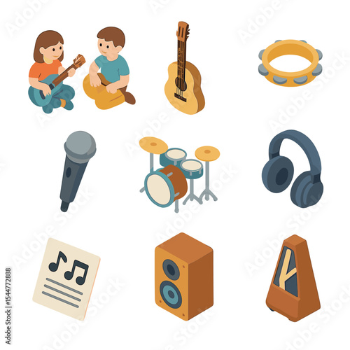Siblings Music Jam Icons. Isometric Flat icon set of siblings having a musical jam session: toy keyboard, acoustic guitar,