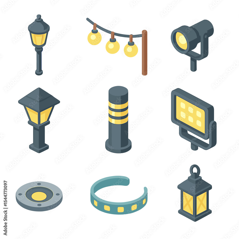 Park Lighting Icons. Isometric Flat icon set of park lighting fixtures: lamp post, string lights, spotlight, solar lantern, Park Lighting Icons. Isometric Flat icon set of park lighting fixtures: lamp post, string lights, spotlight, solar lantern,